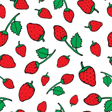 Çilekler dikişsiz desen, vektör karalama çizimi yaz teması
