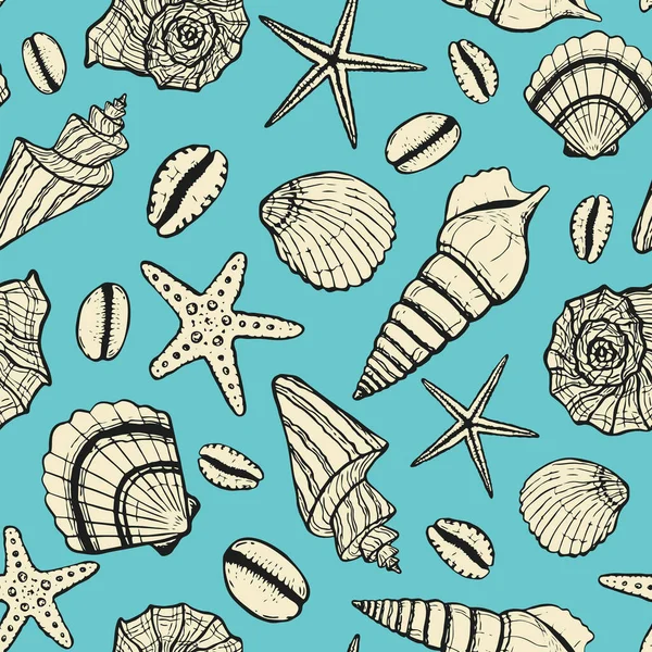 Patrón inconsútil marino con concha marina. tiempo de verano, mar, bajo el agua, conchas de mar — Vector de stock