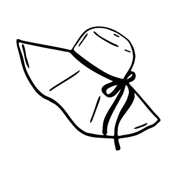 Вектор солнечной шляпы нарисован вручную. Черный контур рисунок изолирован на белом фоне, летний пляж — стоковый вектор