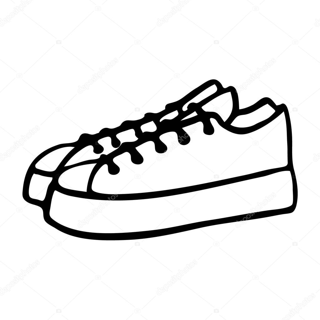 Sneakers vector hand-drawn . Black contour shoe, isolated on white background, summer, beach