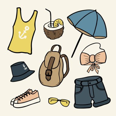 Yaz koleksiyonunda vektör plajı simgeleri. Plaj şemsiyesi, mayo, tişört, güneş gözlüğü, Panama şapkası, hindistan cevizi kokteyli, spor ayakkabı, sırt çantası, şort. Yaz kıyafetleri ve aksesuarlar.