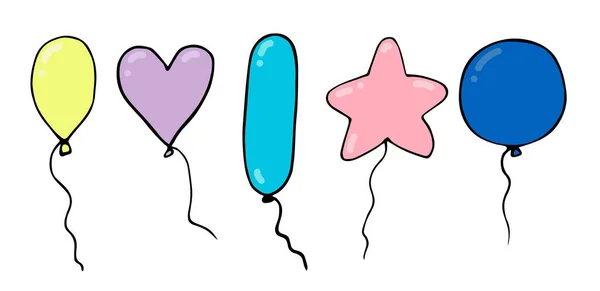 Een set ballonnen. Vector doodle met de hand getekende illustraties voor vakantiekaarten, decoratie van kinderkamers, boeken — Stockvector
