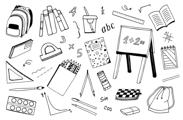Um conjunto de ícones escolares vetoriais desenhados à mão. De volta à escola, educação, estudo —  Vetores de Stock