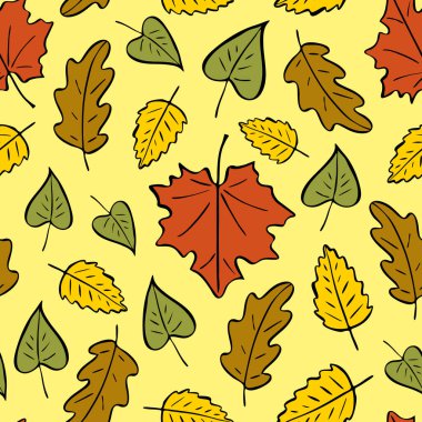 Sonbahar yapraklarının kusursuz deseni. Sonbahar parlak deseni, elle çizilmiş karalama yaprakları.