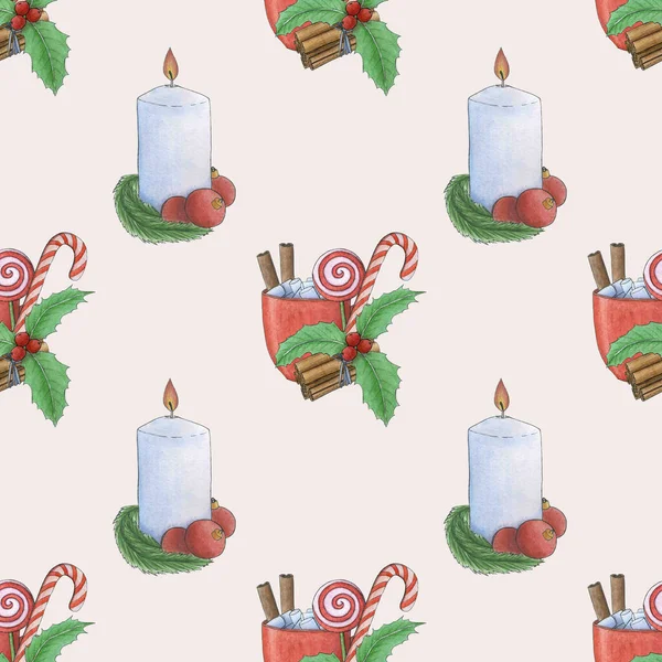 Julens sömlösa mönster. Målad med akvareller, Gott Nytt År och God Jul. — Stockfoto