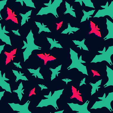 Koyu mavi arka planda yeşil ve pembe uçan yarasaların kusursuz Cadılar Bayramı deseni