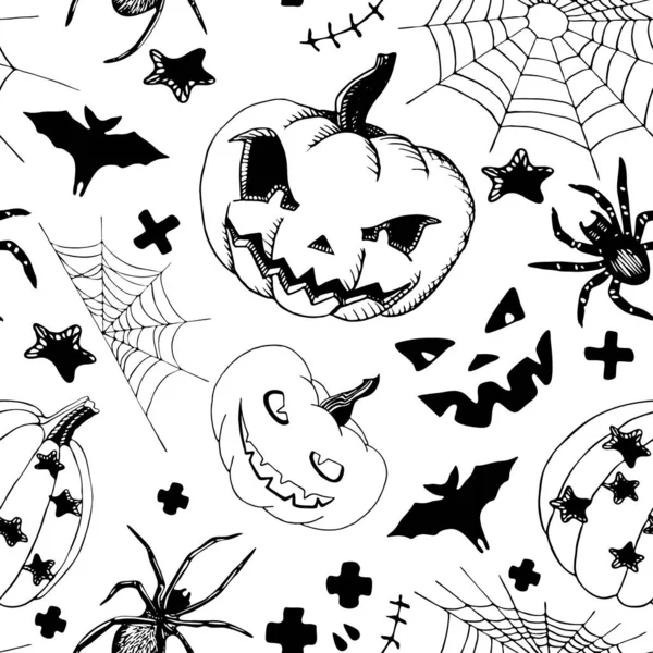 Halloween seamless pattern in black and white doodle ink style. — Stock Illustration Halloween seamless pattern in black and white doodle ink style. Vector Graphics