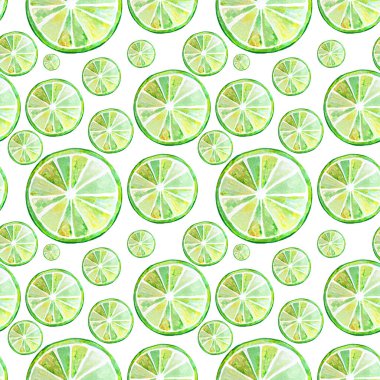 Taze yeşil ve sarı dilimlenmiş limon. Suluboya biçimlendirilmiş resimleme.