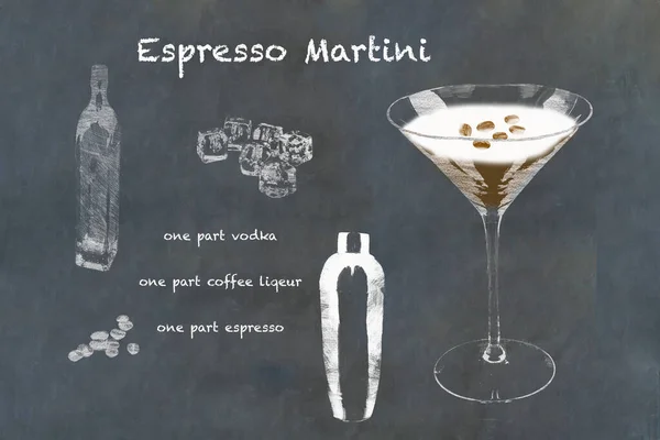 Espresso Martini Cocktail recipe sketched on Slate blackboard.