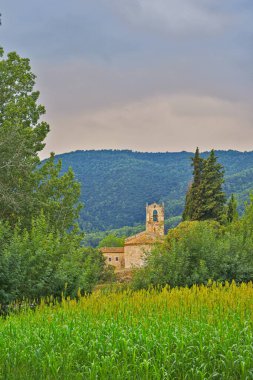 Eski taş kilise kulesi yemyeşil tarlaların ve ağaçların üzerinde yükseliyor. Arkasında dağlar ve bulutlu gökyüzü var.