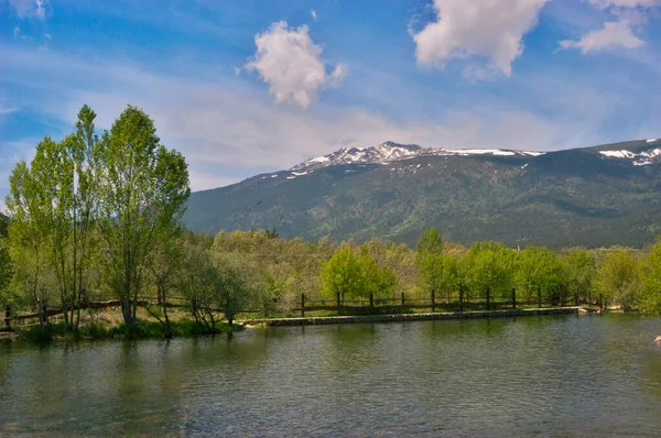 El Paular valley with tranquil river flowing past green trees, surrounded by forested mountains and snowy peaks