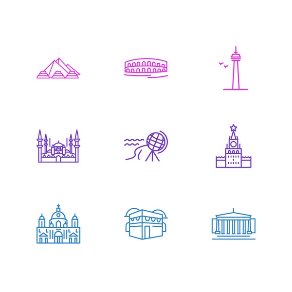 Illustration av 9 historia ikoner linje stil. Redigerbar uppsättning av norra udde, mosko, berlin katedral och andra ikoner. — Stockfoto