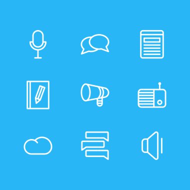 9 müzik simgesi çizgi tarzının vektör illüstrasyonu. Düzenlenebilir yazı seti, sesi kısın, radyo ve diğer simge ögeleri.