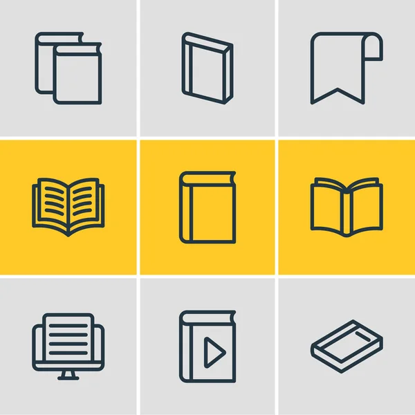 Ilustración vectorial de 9 iconos de lectura estilo línea. Conjunto editable de estudio, artículo, cinta y otros elementos del icono. — Archivo Imágenes Vectoriales