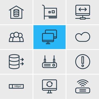 12 web simgesi çizim biçimi. Vpn, kullanıcılar, yönlendirici ve diğer simge ögelerinin düzenlenebilir kümesi.