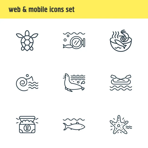 illustration of 9 sea icons line style. Editable set of sea lion, canoe, sea turtle and other icon elements.