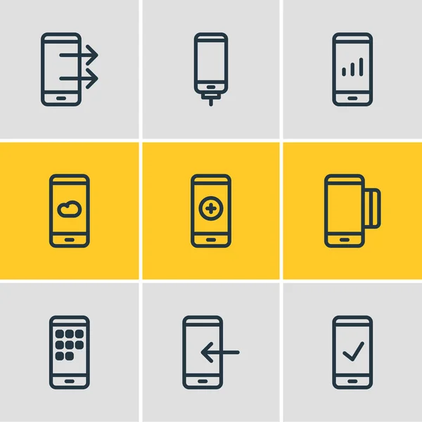 Illustration av 9 telefon ikoner linje stil. Redigerbar uppsättning av nätverk, lägga till, väder och andra ikonelement. — Stockfoto