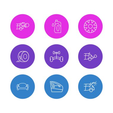 9 araba simgesi çizgisi biçiminin vektör illüstrasyonu. Düzenlenebilir araba şasisi, jant kapağı, kapı ve diğer simge ögeleri.