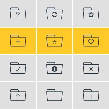 12 dosya simgesi satır biçiminin vektör illüstrasyonu. Seçili, dizin, favori ve diğer simge ögelerinin düzenlenebilir kümesi.