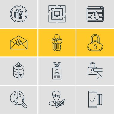 12 gizlilik simgesi çizgisi biçiminin vektör illüstrasyonu. Düzenlenebilir bulut veri koruması, güvenlik ayarları, kişisel bilgiler ve diğer simge ögeleri.