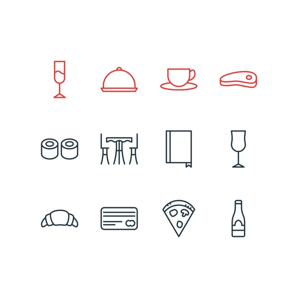 Ilustración vectorial de 12 iconos de comer estilo de línea. Conjunto editable de crédito, restaurante, champán y otros elementos del icono. — Vector de stock