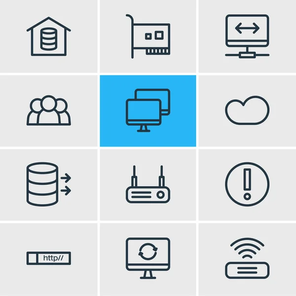 Ilustracja wektorowa 12 ikon sieciowych typu line. Edytowalny zestaw vpn, użytkowników, routera i innych elementów ikony. — Wektor stockowy
