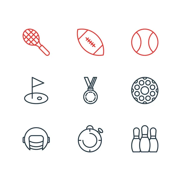 Vector illustratie van 9 sport pictogrammen lijn stijl. Bewerkbare set van bal, pinnen, stopwatch en andere pictogram elementen. — Stockvector