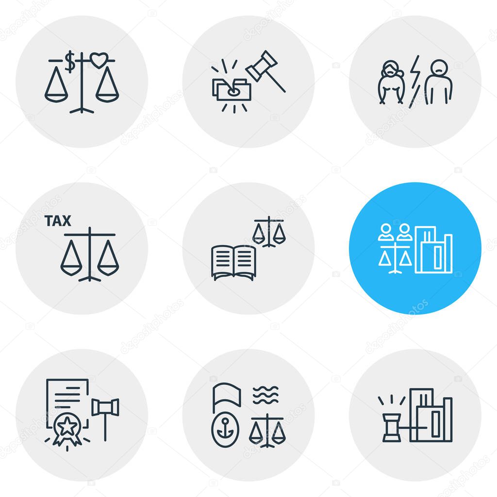 Vector illustration of 9 law icons line style. Editable set of tax law, law book, real estate law and other icon elements.