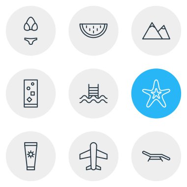 9 sezonluk simge çizgisi tarzının vektör çizimi. Düzenlenebilir deniz yıldızı seti, sahil kenarı, meşrubat ve diğer ikon elementler..