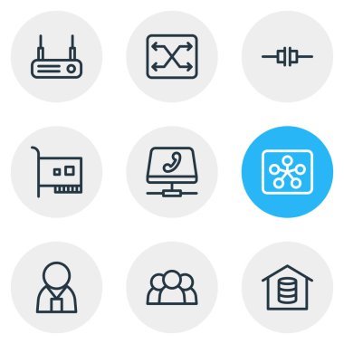 9 internet simgesi çizgisi biçiminin vektör çizimi. Düzenlenebilir kullanıcı, web, yönetici ve diğer simge ögeleri kümesi.