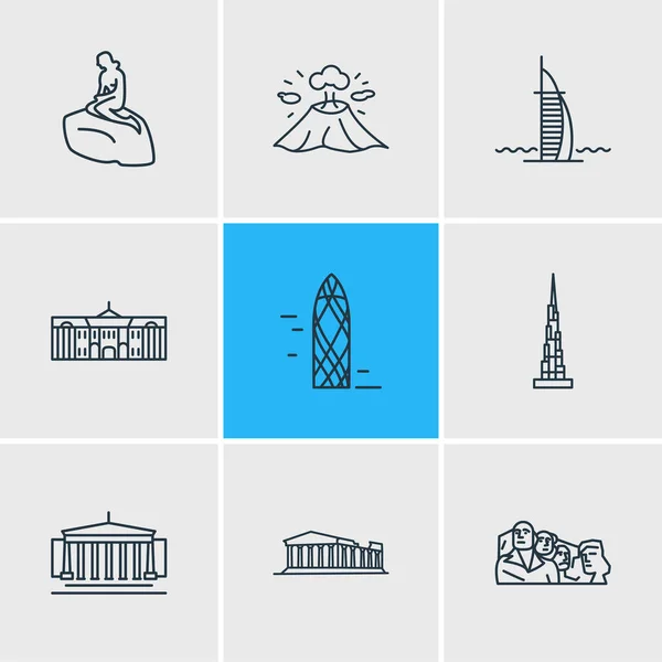 Vektor illusztrációja 9 történelmi ikonok vonal stílusban. Szerkeszthető készlet brit múzeum, akropolisz, burj ab arab és egyéb ikon elemek. — Stock Vector