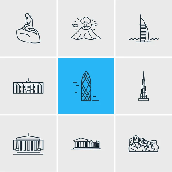 Illustration vectorielle de 9 icônes d'histoire style ligne. Ensemble modifiable de musée britannique, acropole, burj ab arabe et autres éléments d'icône. — Image vectorielle