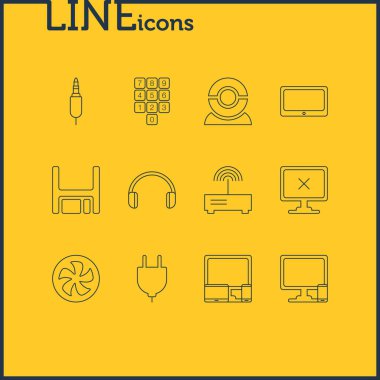 12 bilgisayar simgesi satırı biçiminin vektör illüstrasyonu. PC, kulaklık, çevrimdışı bilgisayar ve diğer simge ögelerine sahip düzenlenebilir telefon seti.