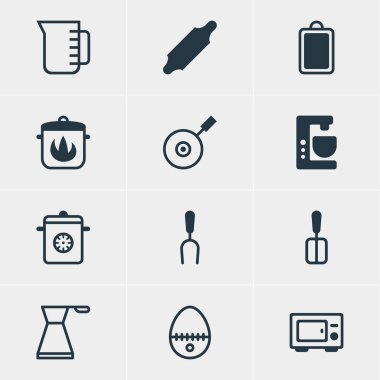 12 mutfak eşyası ikonunun vektör çizimi. Düzenlenebilir merdane, çoklu çubuk, esrar ve diğer simge ögeleri kümesi.