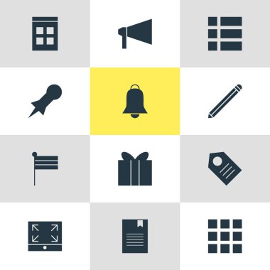 12 internet simgesinin vektör illüstrasyonu. Düzenlenebilir takvim, alarm, kalem ve diğer simge ögeleri kümesi.