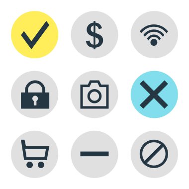 9 arayüz simgesinin çizimi. Düzenlenebilir kamera seti, alışveriş arabası, iptal ve diğer simge ögeleri.