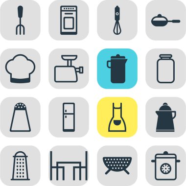16 restoran ikonunun resmi. Düzenlenebilir et öğütücü, süzgeç, çaydanlık simgesi elementleri.