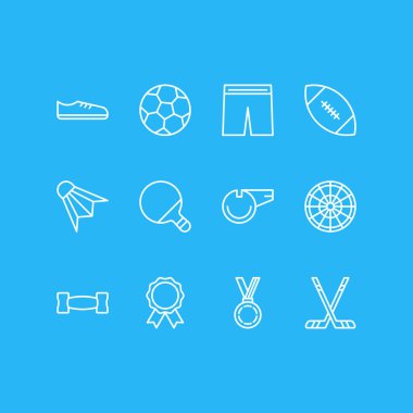 12 atletik ikon çizgisi çizimi. Düzenlenebilir çubuk, halter, ping ve diğer simge ögeleri.