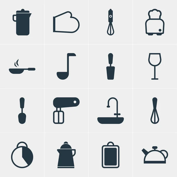 Illustration of 16 kitchenware icons. Editable set of teapot, cutting board, whisk and other icon elements. — Stock Photo, Image