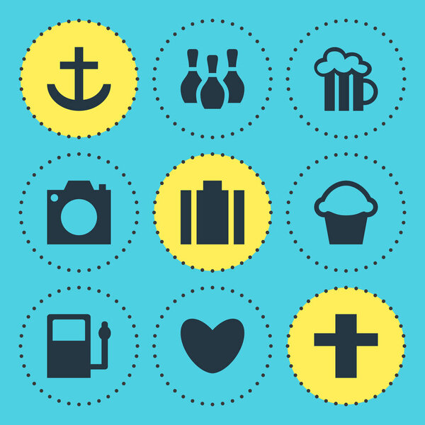 illustration of 9 map icons. Editable set of harbor, bakery, religion and other icon elements.