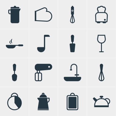 16 mutfak eşyası ikonunun vektör çizimi. Düzenlenebilir çaydanlık, kesme tahtası, çırpma ve diğer simge ögeleri kümesi.