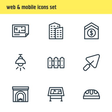 9 mimari simge çizgi tarzının vektör illüstrasyonu. Düzenlenebilir lamba, şömine, bina ve diğer simge ögeleri.