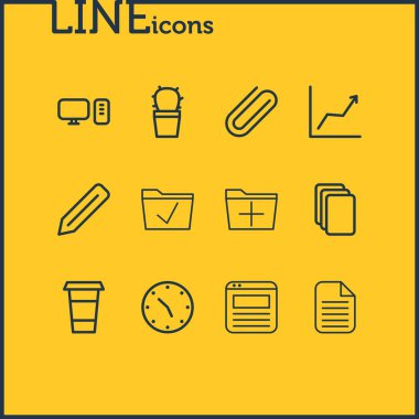 12 iş yeri simgesi çizgisi biçiminin vektör illüstrasyonu. Düzenlenebilir grafik, belge, tarayıcı sekmesi ve diğer simge ögeleri kümesi.