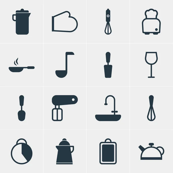 Vektor illustration av 16 köksutrustning ikoner. Redigerbar uppsättning av tekanna, skärbräda, visp och andra ikoniska element. — Stock vektor