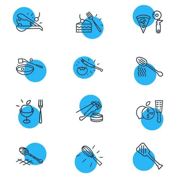 Ilustración vectorial de 12 iconos de utensilios de cocina estilo línea. Conjunto editable de tenedor de fruta, cuchillo de tomate, zester y otros elementos del icono. — Archivo Imágenes Vectoriales