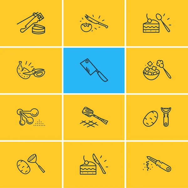 Ilustración de 12 iconos de utensilios estilo de línea. Conjunto editable de pelador de verduras, cuchillo pelador, cuchara de medir y otros elementos del icono. —  Fotos de Stock