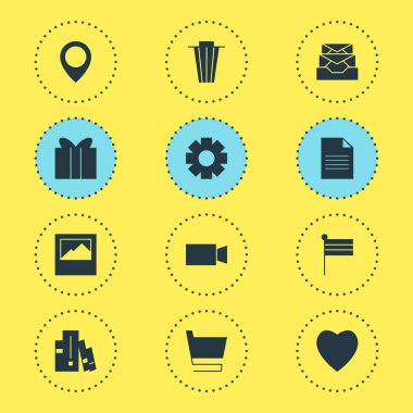 12 çevrimiçi simgenin vektör illüstrasyonu. Düzenlenebilir bayrak, kamera, mevcut ve diğer simge ögeleri kümesi.