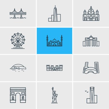 12 tarih simge çizgisi biçiminin vektör illüstrasyonu. Düzenlenebilir bulut kapısı, minare, Windsor kalesi ve diğer simge elementleri kümesi.