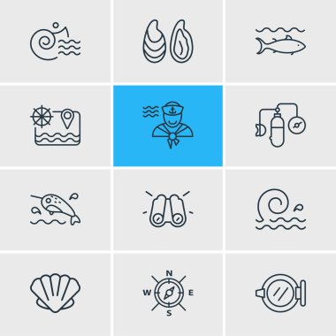 12 deniz simgesi çizgisi biçiminin vektör illüstrasyonu. Düzenlenebilir dürbün seti, oksijen balonları, gemi penceresi ve diğer simge ögeleri.
