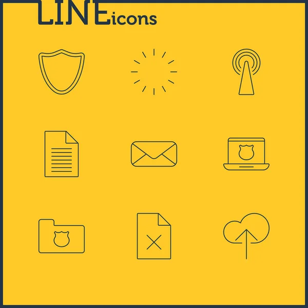 Ilustración vectorial de 9 iconos web estilo de línea. Conjunto editable de carga, carpeta protegida, correo y otros elementos del icono. — Vector de stock